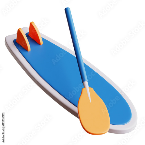 3D render of a blue paddleboard with an orange paddle and fins, angled view.