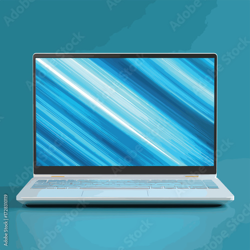 青い光のストライプが流れるノートパソコンの画面、モダンなテクノロジーの概念。