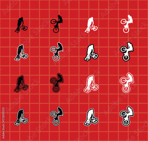BMX Flatland Athlete Icons for Sport Design set of black silhouettes of a male athlete performing various BMX flatland tricks, including spinning, balancing, and handlebar stunts