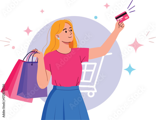 Woman holding shopping bags and credit card isolated on white background
