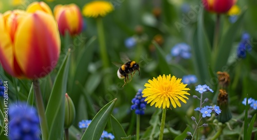 Bumblebee flying over flowers