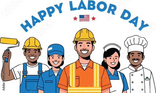 Happy labor day with diverse workers isolated on white background