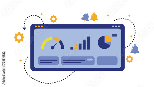 Analytics dashboard screen with widgets showing charts, gauge, and live monitoring controls