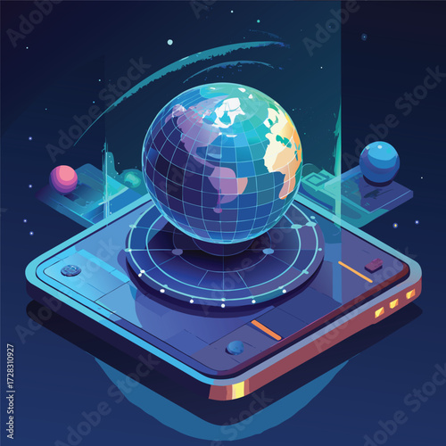 Globe on a digital radar interface with orbiting planets and stars earth digital interface