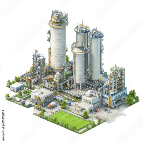Industrial Plant Isometric View Featuring Large Silos and Green Space isolated on a white background