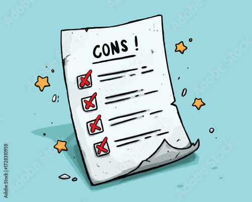 「CONS」と記された紙に、プロジェクトやアイデアの欠点や課題が赤色のバツ印で明確に示された、概念的なベクターイラストレーション。