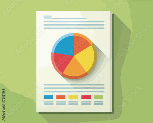 ビジネスの成長や市場分析を示すカラフルな円グラフが描かれた報告書が、フラットデザインで表現されたベクターイラストレーションで、現代的なデータ可視化を象徴しています。