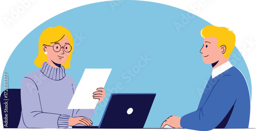 Job interview with candidate and interviewer isolated on white background