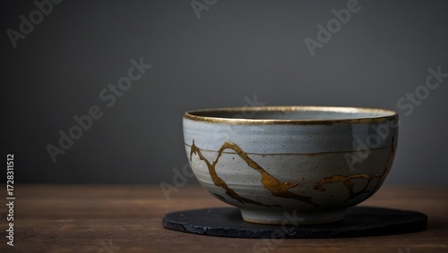 Close-up studio capture of a grey Kintsugi bowl, emphasizing golden cracks and subtle textures for elegant, minimalist visual content.
