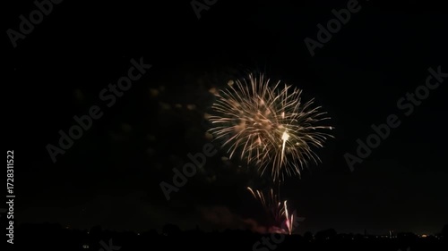 Night sky bursting with a fiery display of celebratory fireworks, dark ground