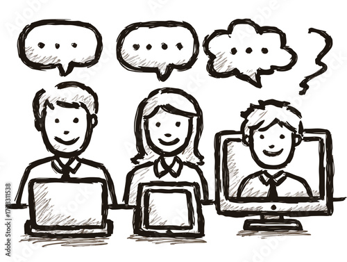 手描き風のイラストで、オンラインとオフラインが融合した現代のコミュニケーションとチームワークの様子を描写しており、多様な働き方や情報交換の重要性を表現しています。