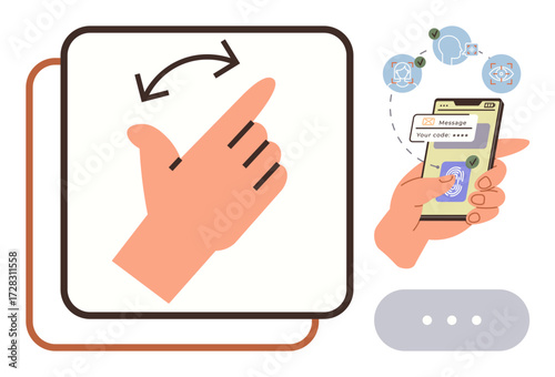 Hand performing swipe gesture and holding smartphone with two-factor authentication process. Ideal for technology, interaction, user experience, security, gestures, password safety, access. Simple
