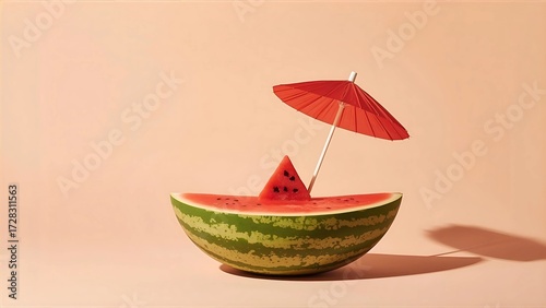 A playful still-life of half a watermelon styled like a boat, with a bright red cocktail umbrella stuck in the middle.