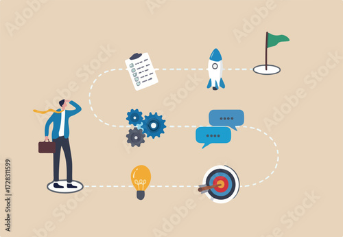 Winning plan to success, strategy step to reach success, career journey, project management or idea development, challenge, flowchart to succeed concept, businessman walk on winning plan journey