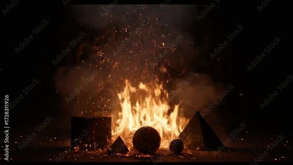 Geometric Forms Ablaze Cube Sphere Pyramid Enveloped in Fiery Inferno ...