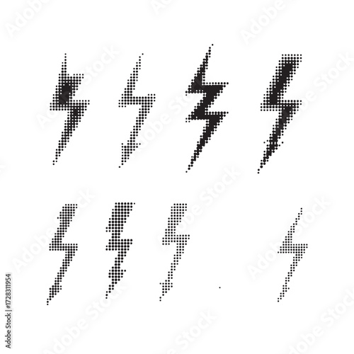 Halftone lightning icons. Thunderbolt symbols with dotted texture, grunge electric shock effects, storm flash signs, battery energy arrows, and power strike pictograms. Vector isolated set.