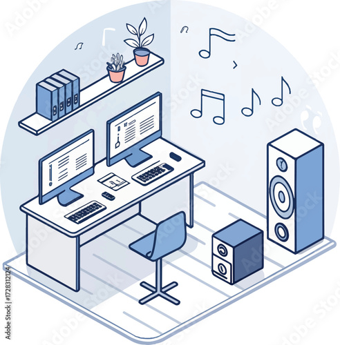 Modern home recording studio with dual computer monitors, speakers, and music notes – creative digital workspace