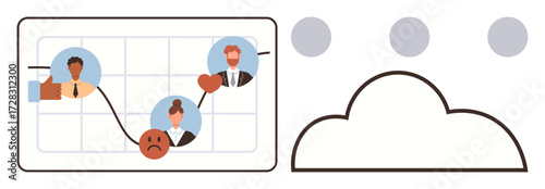 Graph showing a fluctuating emotional timeline with avatars of professionals, icons of a heart and cloud. Ideal for emotional data, teamwork, feedback, remote work, collaboration, analytics