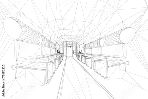 A wireframe vector illustration of a helicopter passenger cabin interior, featuring rows of seats and black lines on a white background. This is a clean and technical drawing.