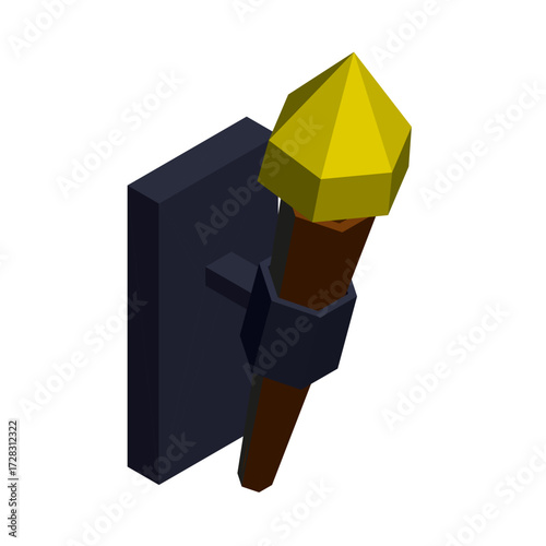 Polygonal yellow and black torch hanging on a white wall, designed as a 3D model with geometric shapes and clean lines.