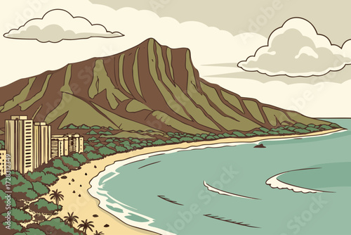 Diamond Head in Honolulu, Hawaii, iconic volcanic crater overlooking Waikiki Beach and turquoise waters