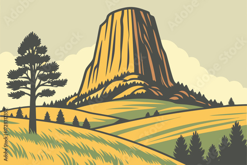 Devils Tower National Monument in Wyoming, striking volcanic rock monolith rising above rolling plains