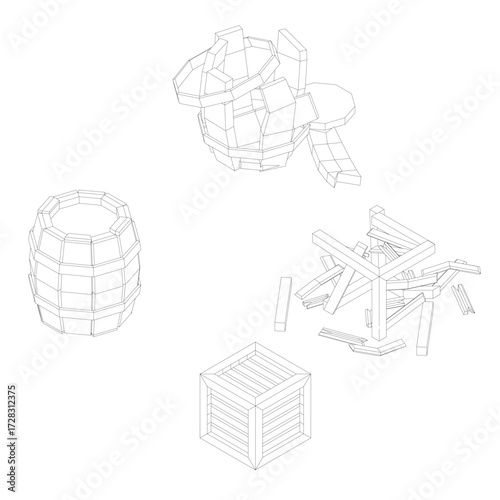 Wooden boxes arranged in triangular formation with a large central barrel and two smaller containers on a white background. The dark wood contrasts sharply against the bright surface.