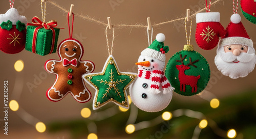 A festive garland of handmade christmas ornaments hangs against a warm background, creating a cozy and cheerful holiday atmosphere for celebration