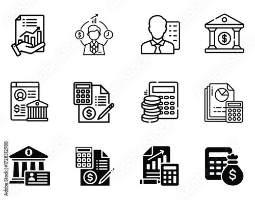 Vector pack of modern accounting icons featuring finance, bookkeeping, tax, and audit symbols. Perfect for business, financial reports, apps, and websites
