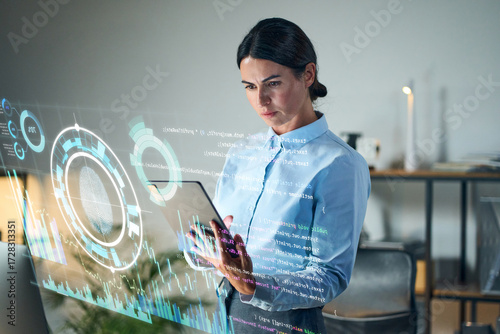 Business Professional Interacting With Holographic Digital Interface For Technology Security Data Analytics And Innovation In Modern Office
