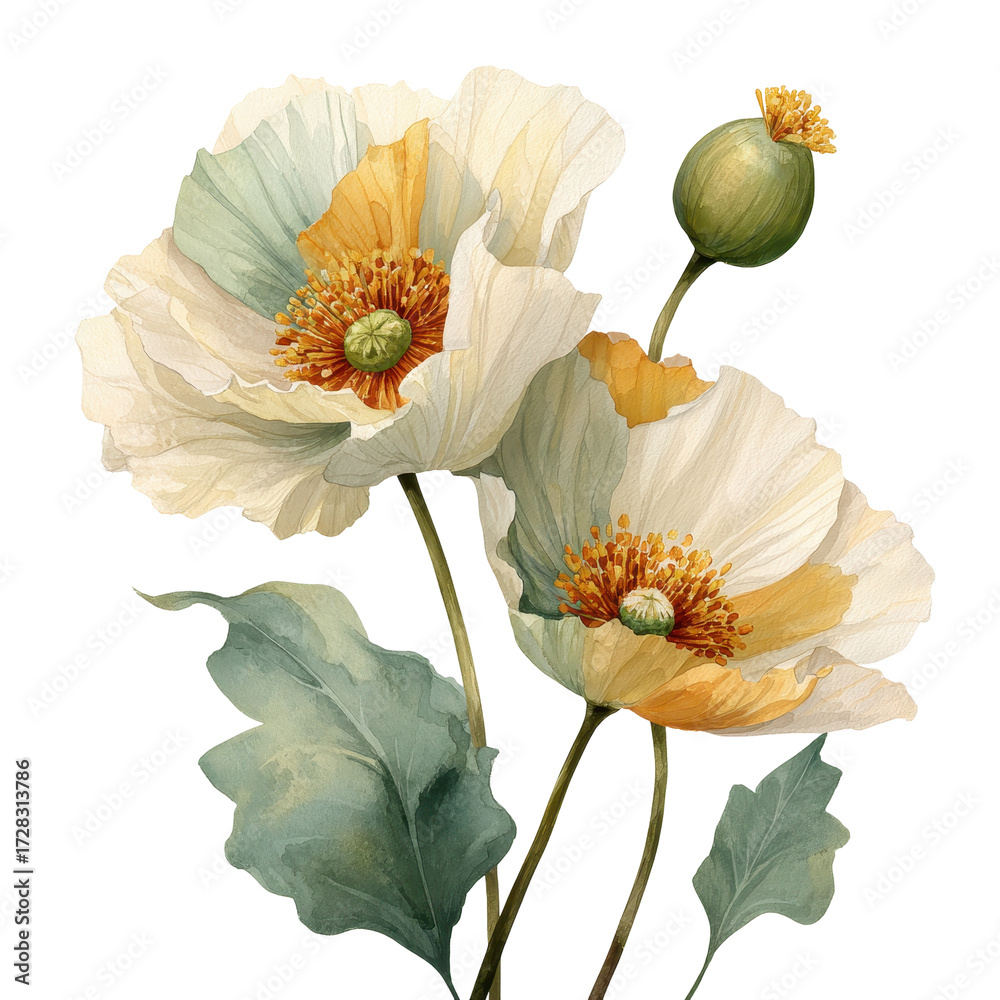 Naklejka premium Elegant Watercolor Poppies Soft Hues Botanical Art isolated on a white background