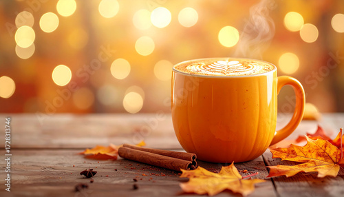 Autumn coffee with cinnamon and fall leaves
