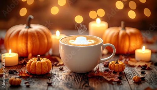 Halloween coffee cup with pumpkins and candles