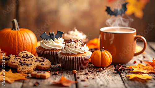 Halloween cupcakes with coffee and pumpkins on rustic table
