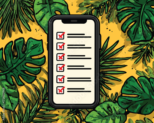 スマホ画面に表示されたチェックリストと熱帯植物のイラスト、タスク管理や計画をイメージ