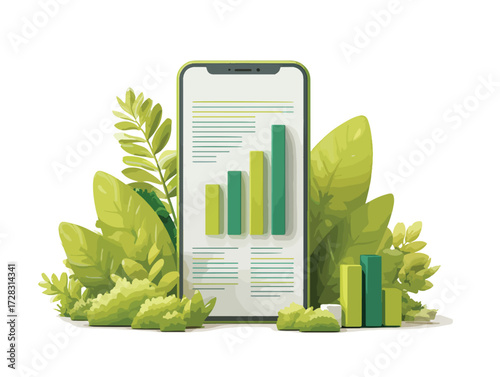 スマートフォンと緑の植物が調和する、成長と持続可能性を象徴するビジュアル