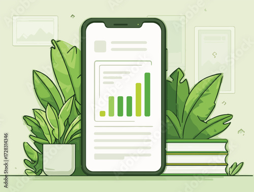 スマートフォンで表示される緑のグラフと観葉植物が配置された、クリーンでモダンなビジネスイメージ