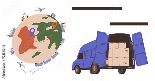 Planet Earth with shipment routes, transport vehicles, blue cargo van filled with packages. Ideal for delivery, logistics, global trade, courier services, business supply chain, e-commerce simple