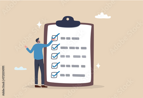 Complete checklist or finishing checkbox, task done within deadline, complete tasks list or project, approval or achievement concept, businessman put tick on complete checklist on paper clipboard