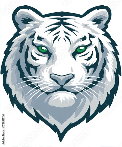 A detailed, stylized illustration of a white tiger's head, showcasing bold lines and vibrant green eyes.