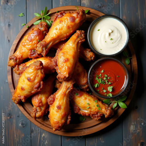 Overhead Flat Lay of Crispy Buffalo Wings with Dipping Sauces on Rustic Wood, Spicy Glazed Chicken Wingettes and Drumettes with Ranch and Ketchup Dip,