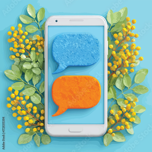 スマホ画面に浮かぶ吹き出しでコミュニケーションを表現するベクターイラスト。
