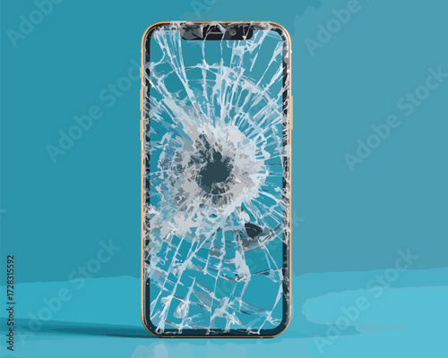 割れたスマートフォンの画面が青い背景に置かれ、テクノロジーの脆弱性を示唆している