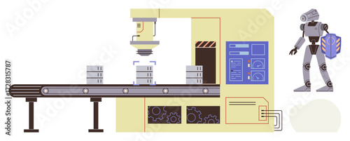 Conveyor belt transfers boxes under robotic arm for processing, nearby robot assists. Ideal for technology, automation, AI, robotics, production, efficiency manufacturing. Simple flat metaphor