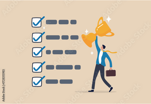 Habits or routine to success, checklist or factors to succeed and achieve goal, winner progress, planning, procedure or process concept, success businessman holding winner trophy with habit checklist