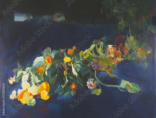 Abstract Floral Still Life Painting Dark Blue Background