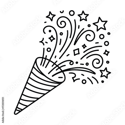 Hand drawn illustration of a party popper exploding with confetti and stars