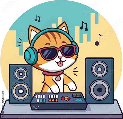 Cute DJ Cat with Headphones Playing Music at Mixing Console