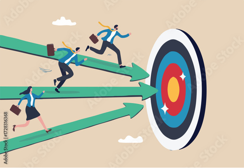 Competition or race to reach business goal or target, effort or challenge to achievement, motivation, progress or performance win business competition concept, business people run on arrow to target