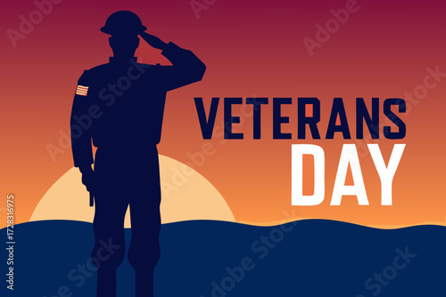 Soldier Saluting Sunset _  Silhouette of a soldier saluting with a sunset gradient background, space below for “Veterans Day” text.